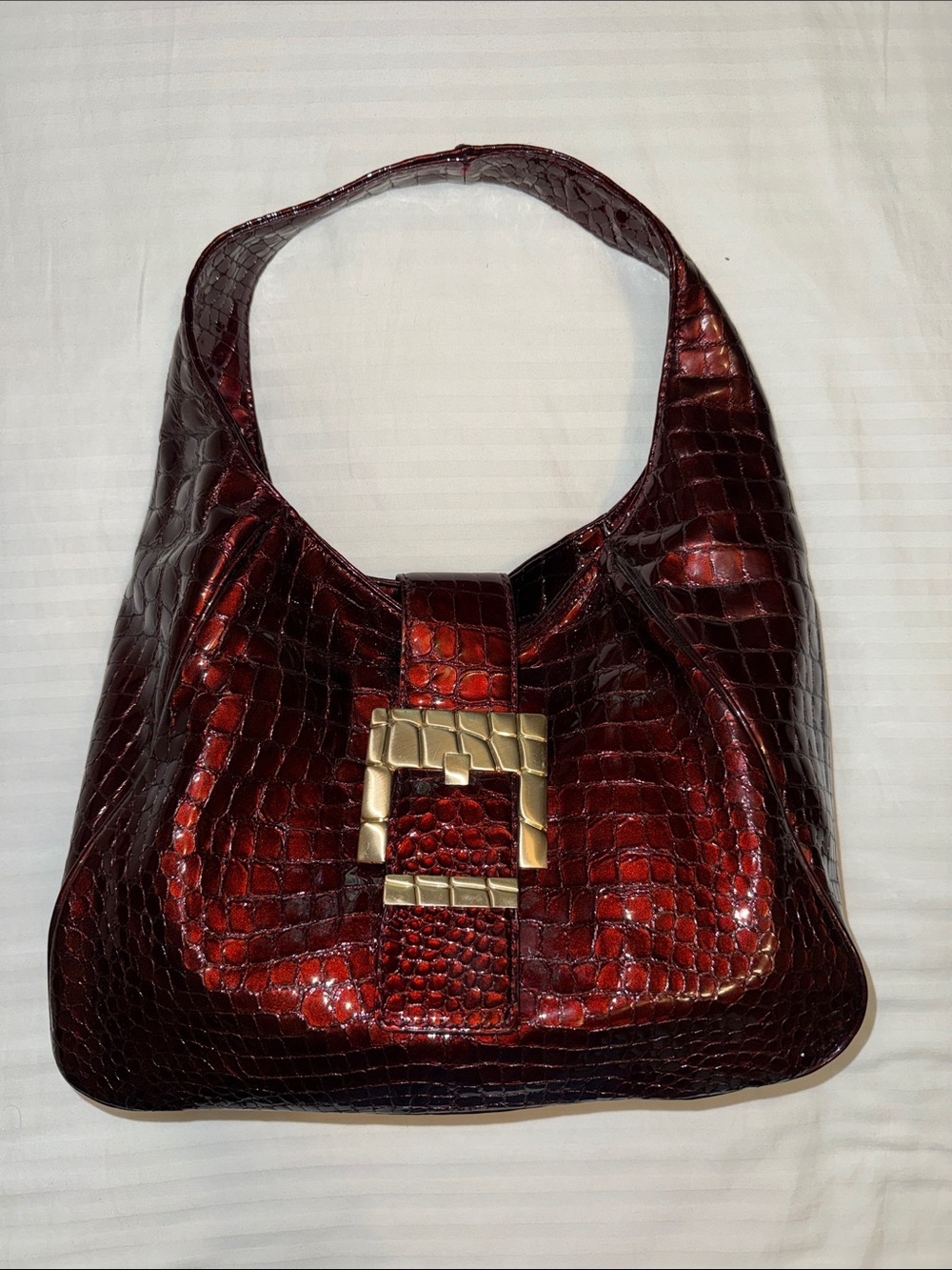 MK Burgundy Croc Leather Shoulder Bag with Gold Buckle